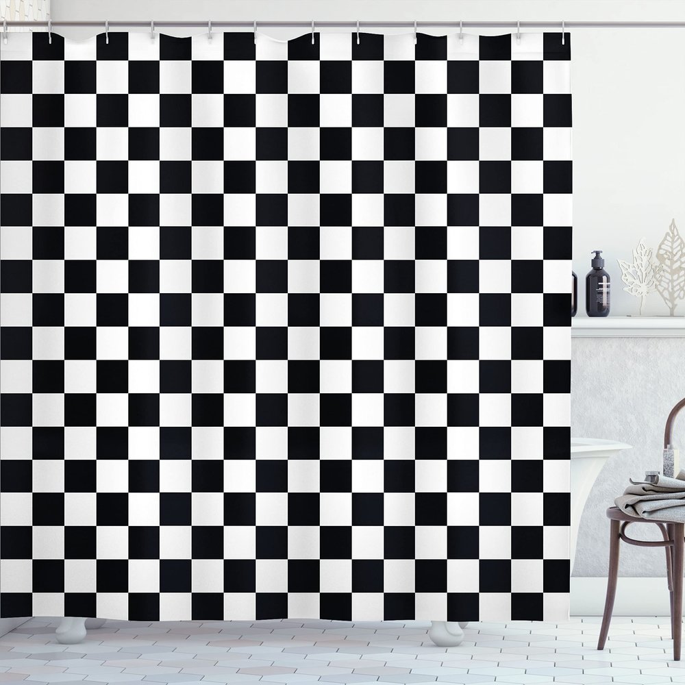 Ambesonne Checkers Game Shower Curtain, Geometric Grid Style Monochrome Squares in Traditional Game Board Design, Cloth Fabric Bathroom Decor Set with Hooks, 69" W x 75" L, White and Black