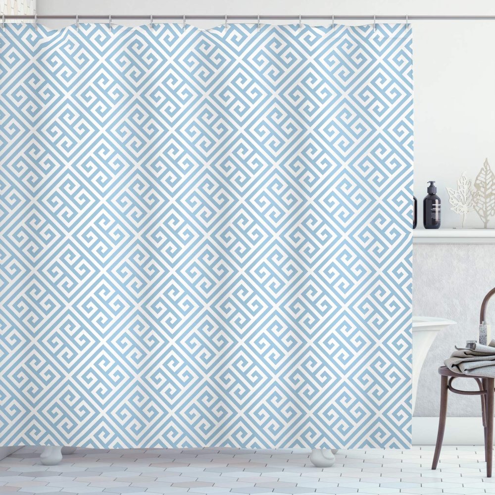 Ambesonne Greek Themed Shower Curtain, Geometrical Maze Pattern Design Hellenistic Origins in Pastel Tones, Cloth Fabric Bathroom Decor Set with Hooks, 69" W x 75" L, Blue and White