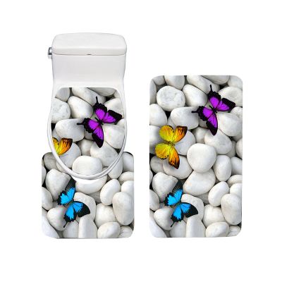 Amagical 3 Piece Toilet Seat Cover and Rug Set Bathroom Contour Mat + Lid Toilet Cover + Bath Mat Colorful Butterflies on The Stone