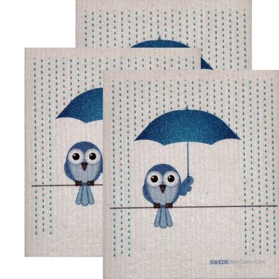 SWEDEdishcloths Swedish Dishcloth Set of 3 Each Swedish Dishcloths Bluebird in Rain Design | Eco Friendly Cleaning Absorbent Cloth Eco Friendly Cleaning Wipes
