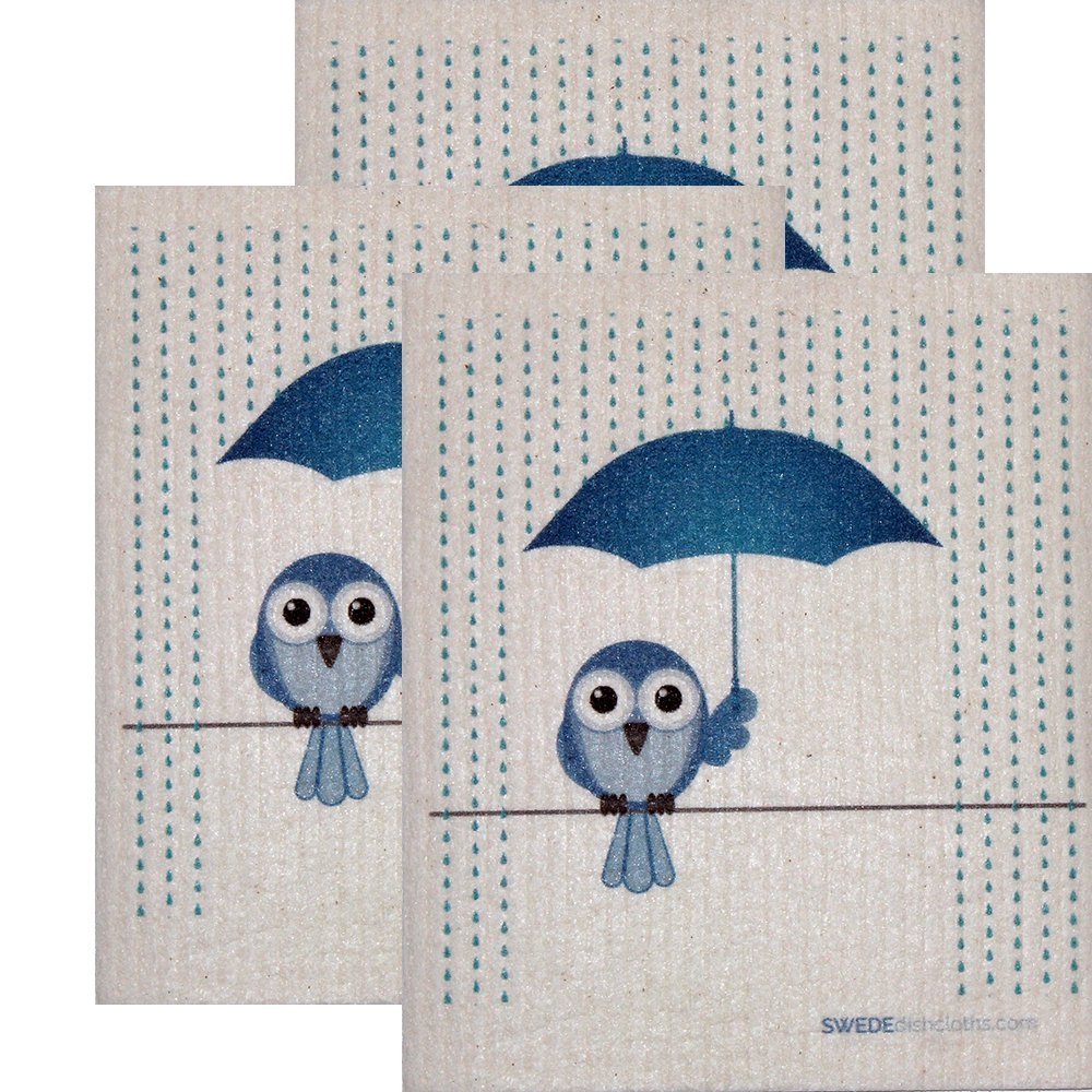 SWEDEdishcloths Swedish Dishcloth Set of 3 Each Swedish Dishcloths Bluebird in Rain Design | Eco Friendly Cleaning Absorbent Cloth Eco Friendly Cleaning Wipes