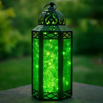 10.5 Green Glass Metal Moroccan Decorative Candle Lantern with LED Twinkle Fairy Lights & Remote Table Centerpieces, Indoor Home Decor, Outdoor Patio & Porch, Medium