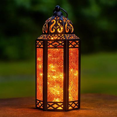 10.5 Amber/Orange Glass Metal Moroccan Decorative Candle Lantern with LED Twinkle Fairy Lights & Remote Halloween Table Centerpieces, Indoor Home Decor, Outdoor Patio & Porch, Medium