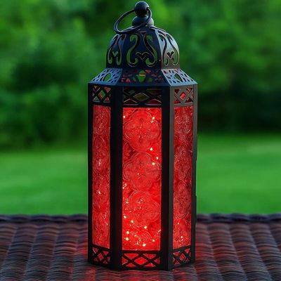 10.5 Red Glass Metal Moroccan Decorative Candle Lantern with LED Twinkle Fairy Lights & Remote Table Centerpieces, Indoor Home Decor, Outdoor Patio & Porch, Medium