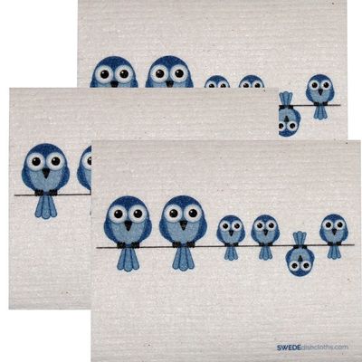 SWEDEdishcloths Swedish Dishcloth Set of 3 Each Swedish Dishcloths Bluebirds on Wire Design | Eco Friendly Cleaning Absorbent Cloth Eco Friendly Cleaning Wipes
