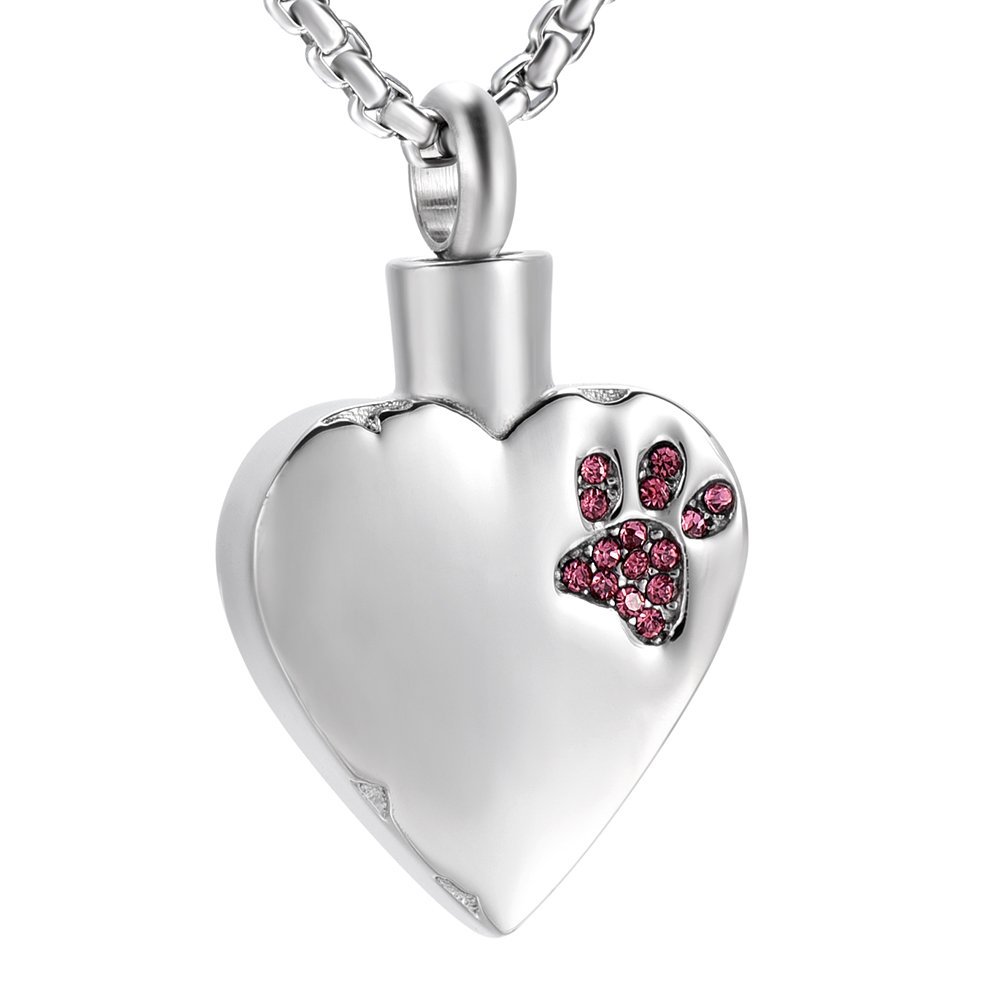 Oinsi Pink Crystal Dog Paw & Heart Cremation Urn Necklace for Ashes Remembrance Jewelry for Pet