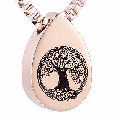 Tree of Life Cremation Urn Necklace Tear Drop Keepsake Ashes Pendant Memorial Jewelry (Rose Gold)