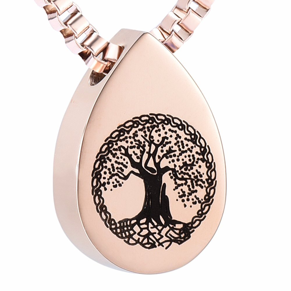 Tree of Life Cremation Urn Necklace Tear Drop Keepsake Ashes Pendant Memorial Jewelry (Rose Gold)