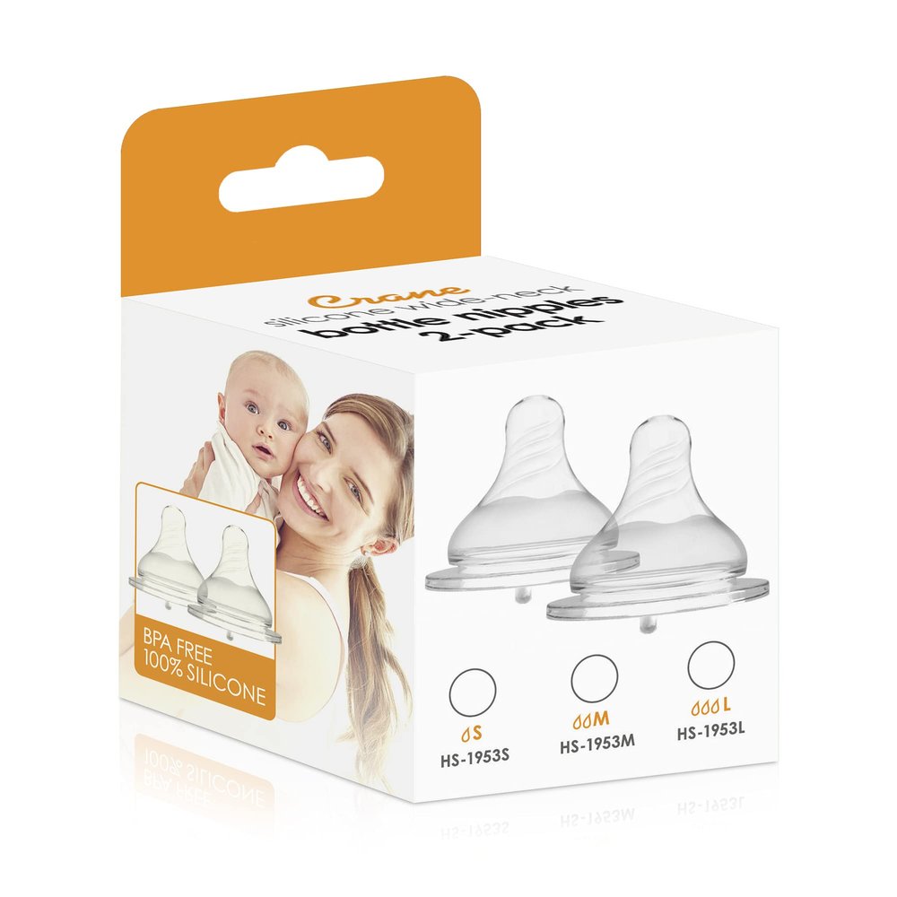 Crane HS-1953S Silicone Wide-Neck Milk Bottle Nipples, Pack of 2, Clear