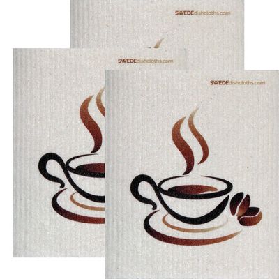 SWEDEdishcloths Swedish Dishcloth Set of 3 Each Swedish Dishcloths Steaming Coffee Design | Eco Friendly Cleaning Absorbent Cloth Eco Friendly Cleaning Wipes