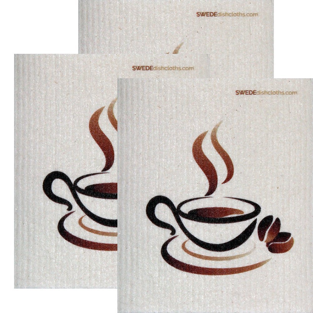 SWEDEdishcloths Swedish Dishcloth Set of 3 Each Swedish Dishcloths Steaming Coffee Design | Eco Friendly Cleaning Absorbent Cloth Eco Friendly Cleaning Wipes