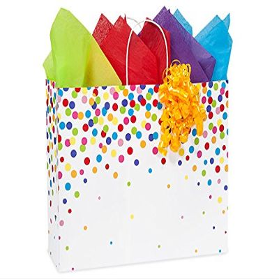 Pack Of 25, Vogue 16 x 6 x 12.5" Rainbow Confetti Recycled Shopping Bags Made In Usa