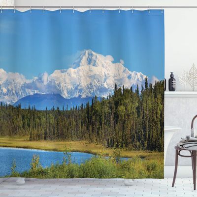 Ambesonne Alaska Shower Curtain, Snow Covered McKinley Mountain in Spring Season with Vibrant Forest, Cloth Fabric Bathroom Decor Set with Hooks, 69" W x 75" L, Forest Green White Blue