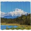 Ambesonne Alaska Shower Curtain, Snow Covered McKinley Mountain in Spring Season with Vibrant Forest, Cloth Fabric Bathroom Decor Set with Hooks, 69" W x 75" L, Forest Green White Blue view 2