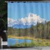 Ambesonne Alaska Shower Curtain, Snow Covered McKinley Mountain in Spring Season with Vibrant Forest, Cloth Fabric Bathroom Decor Set with Hooks, 69" W x 75" L, Forest Green White Blue view 3