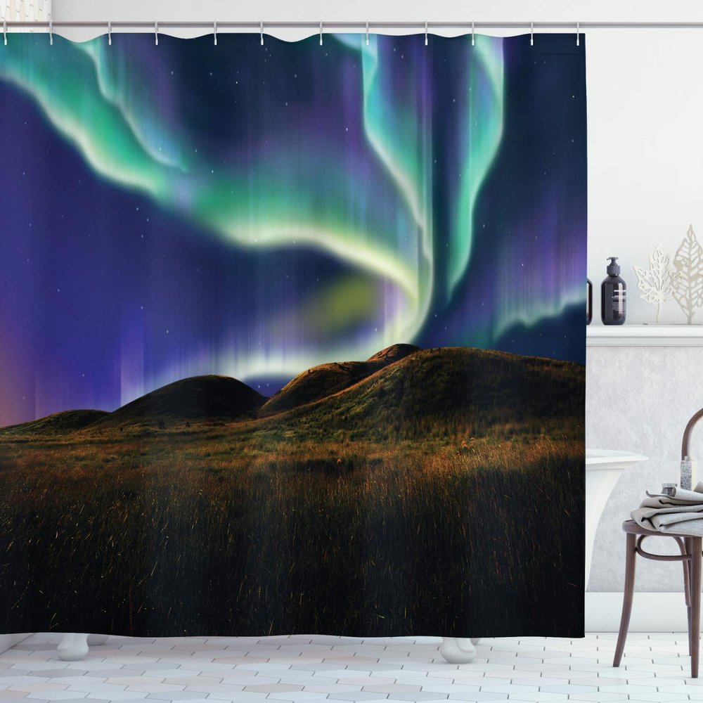 Ambesonne Alaska Shower Curtain, Alaskan Meadows in Night Aurora Borealis Natural Beauties of The North, Cloth Fabric Bathroom Decor Set with Hooks, 69" W x 84" L, Violet Turquoise