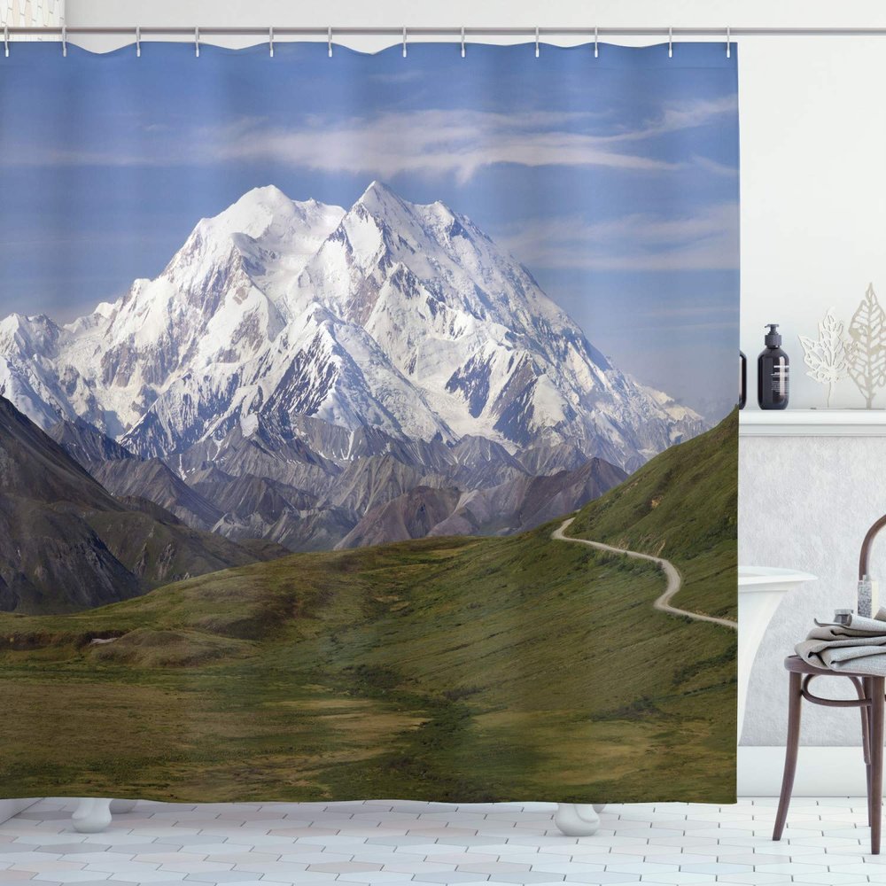 Ambesonne Alaska Shower Curtain, McKinley Mountain in Denali National Park in Alaska Scenic Landscape, Cloth Fabric Bathroom Decor Set with Hooks, 69" W x 75" L, Fern Green Sky Blue