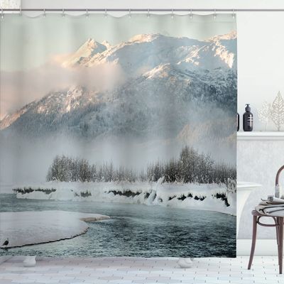 Ambesonne Alaska Shower Curtain, Chilkat Valley Covered in Snow Winter Season Landscape Idyllic Scene from North, Cloth Fabric Bathroom Decor Set with Hooks, 69" W x 75" L, Grey White
