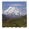 Ambesonne Alaska Shower Curtain, McKinley Mountain in Denali National Park in Alaska Scenic Landscape, Cloth Fabric Bathroom Decor Set with Hooks, 69" W x 70" L, Fern Green Sky Blue view 2