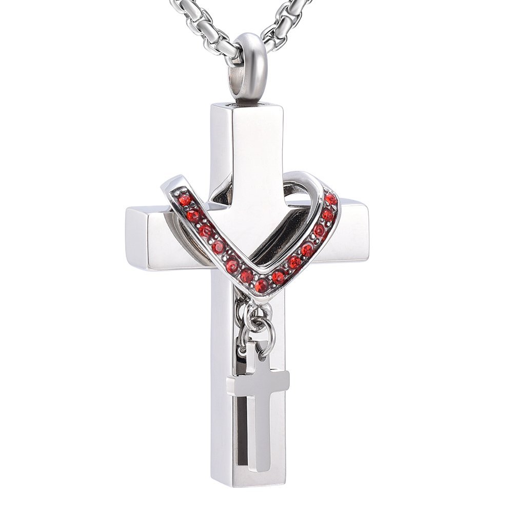 Oinsi Hold Multi-colored Crystal Heart Collar & Double Cross Cremation Urn Necklace For Women/Men (Red Stone)