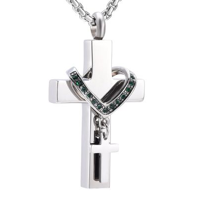 Oinsi Hold Multi-colored Crystal Heart Collar & Double Cross Cremation Urn Necklace For Women/Men (Green Stone)