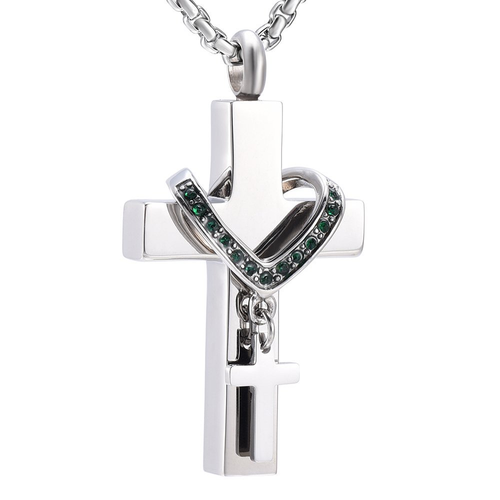 Oinsi Hold Multi-colored Crystal Heart Collar & Double Cross Cremation Urn Necklace For Women/Men (Green Stone)