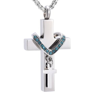 Oinsi Hold Multi-colored Crystal Heart Collar & Double Cross Cremation Urn Necklace For Women/Men (Blue Stone)