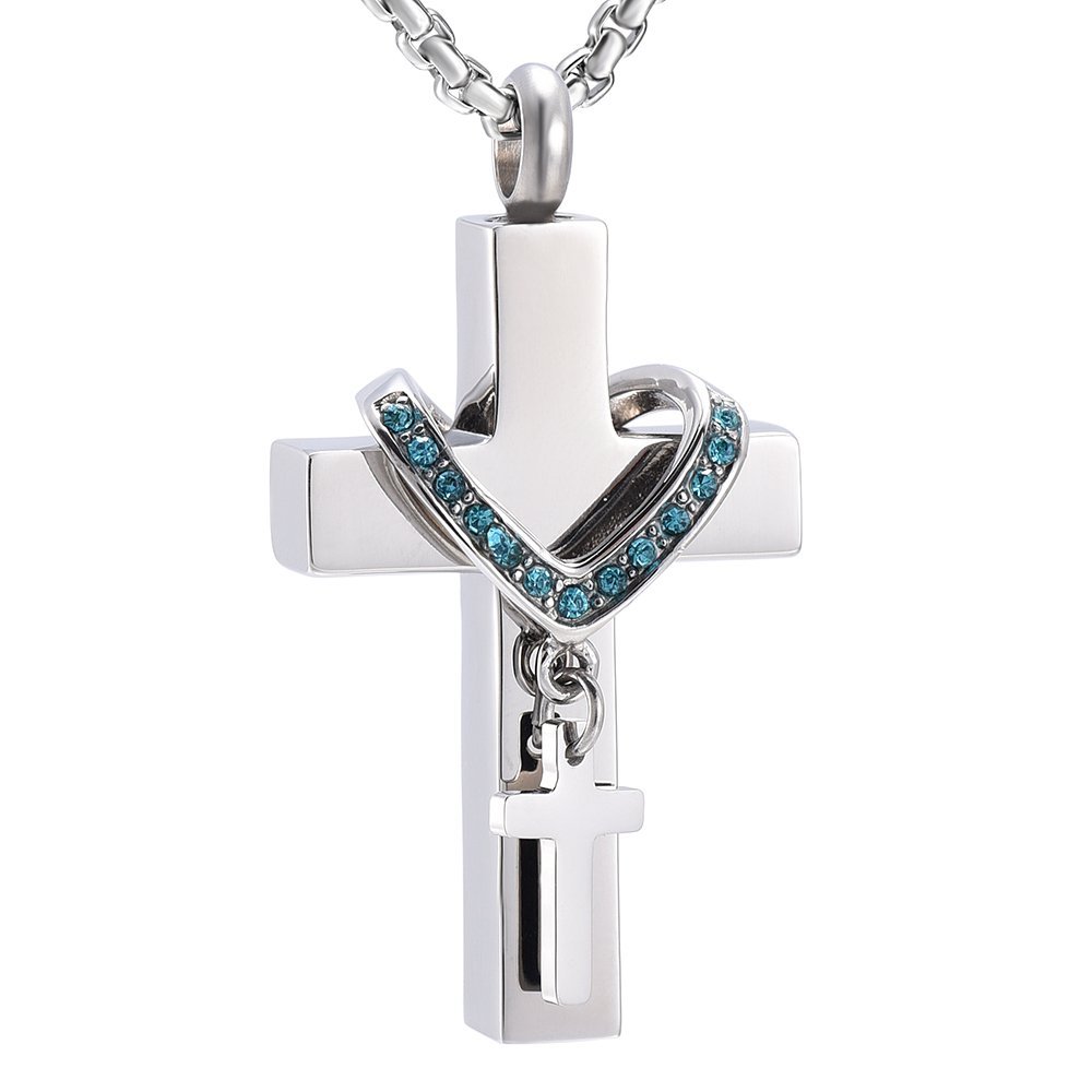 Oinsi Hold Multi-colored Crystal Heart Collar & Double Cross Cremation Urn Necklace For Women/Men (Blue Stone)