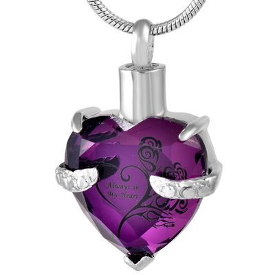 Birthstone Heart Cremation Urn Necklace Ashes Holder Memorial Jewelry For Women- Always In My Heart (Purple With Black Text)