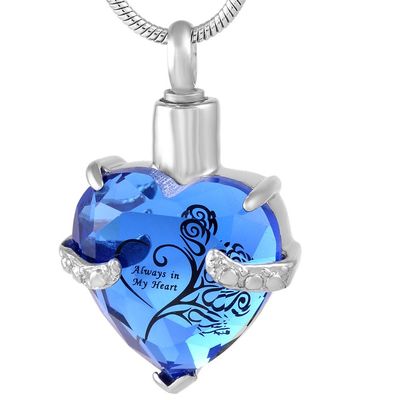 Birthstone Heart Cremation Urn Necklace Ashes Holder Memorial Jewelry For Women- Always In My Heart (Dark Blue With Black Text)