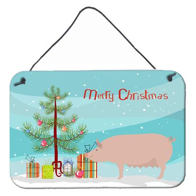 Caroline's Treasures BB9305DS812 English Large White Pig Christmas Wall or Door Hanging Prints, Teal Aluminum Metal Sign Kitchen Wall Bar Bathroom Plaque Home Decor, 8x12, Multicolor