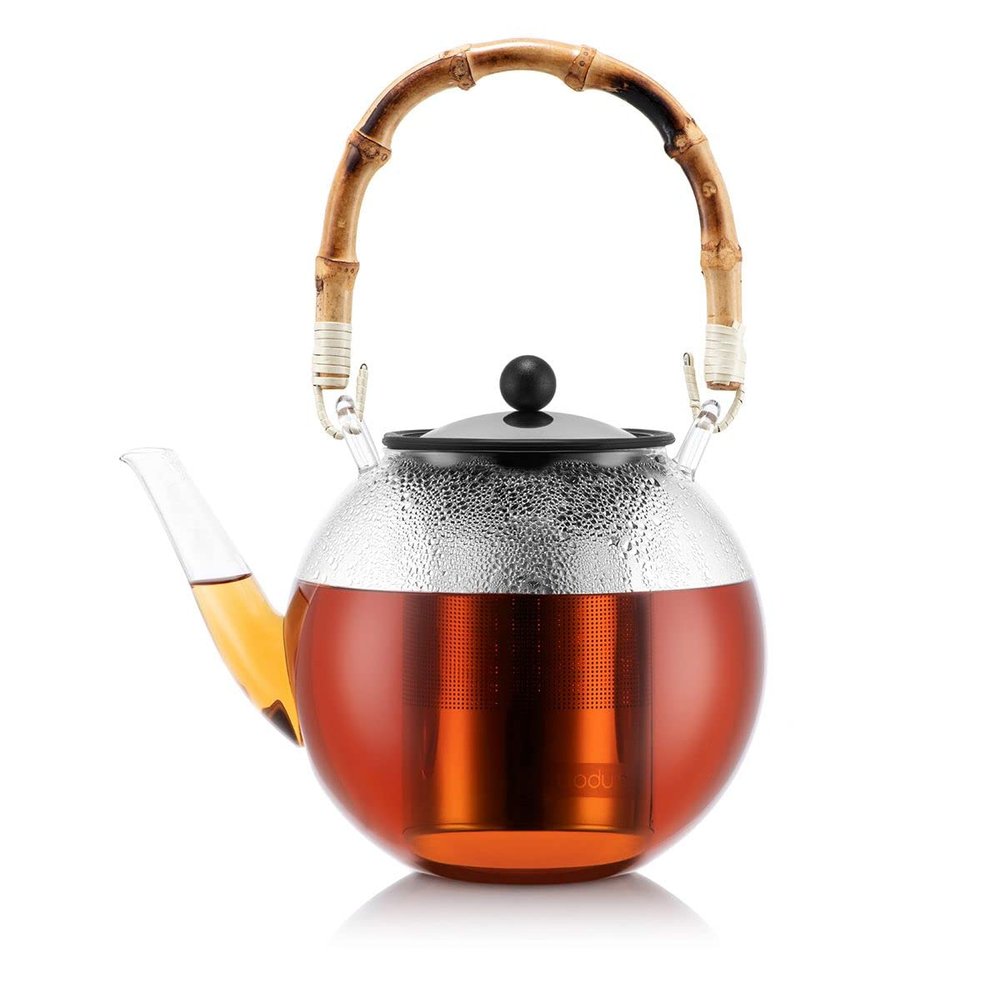 Bodum Piston Teapot, Stainless Steel Filter, Natural Bamboo Handle, Transparent, Glass, Glass, Bambou, Transparent, INOX, 1,5 L