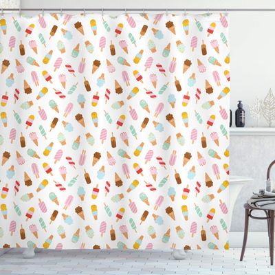 Ambesonne Ice Cream Shower Curtain, Cartoon Doodle Style Creamy Delicious Diary Desserts with Various Flavors, Cloth Fabric Bathroom Decor Set with Hooks, 69" W x 70" L, White Multicolor