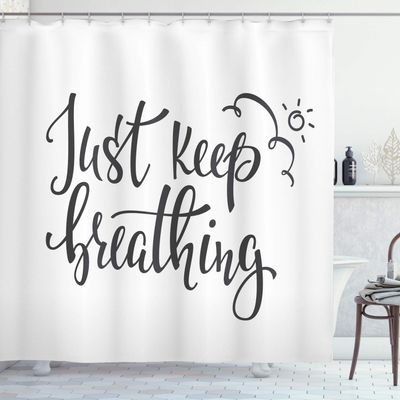 Ambesonne Just Breathe Shower Curtain, Keep Breathing Phrase Hand Writing Sun and Clouds Doodle, Cloth Fabric Bathroom Decor Set with Hooks, 69" W x 84" L, Charcoal Grey White