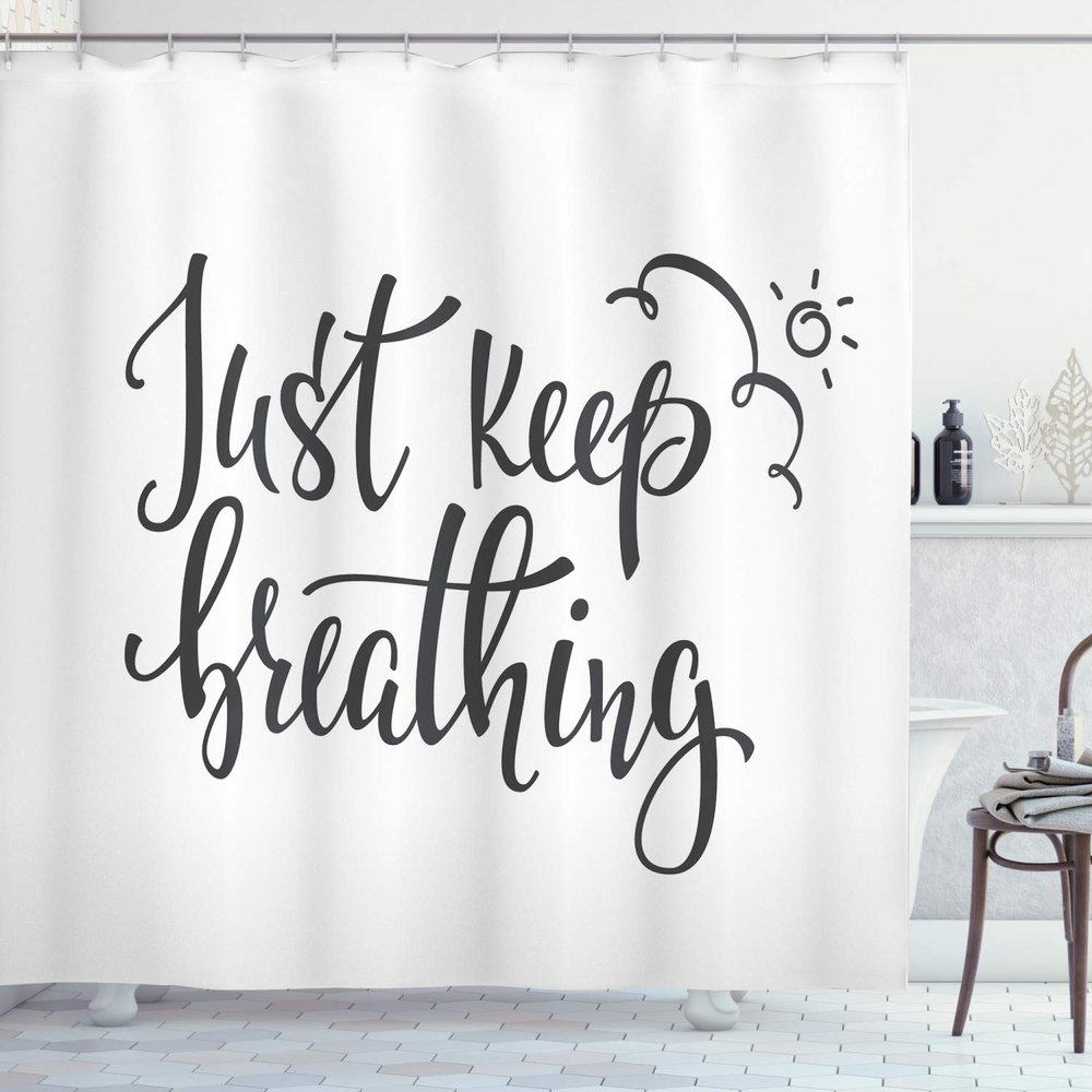 Ambesonne Just Breathe Shower Curtain, Keep Breathing Phrase Hand Writing Sun and Clouds Doodle, Cloth Fabric Bathroom Decor Set with Hooks, 69" W x 84" L, Charcoal Grey White