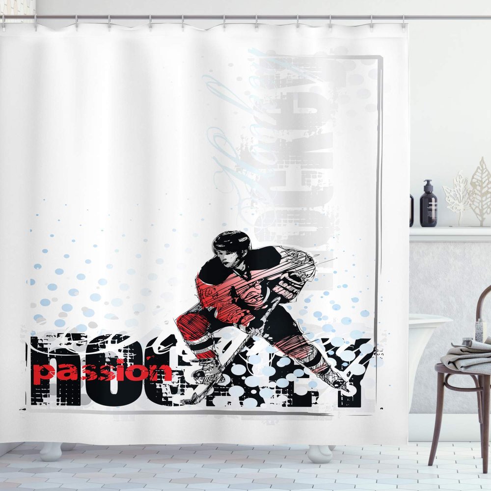 Ambesonne Hockey Shower Curtain, Art of a Goalie Playing Sports Passionate Professional Game Theme, Cloth Fabric Bathroom Decor Set with Hooks, 69" W x 75" L, White Black Scarlet