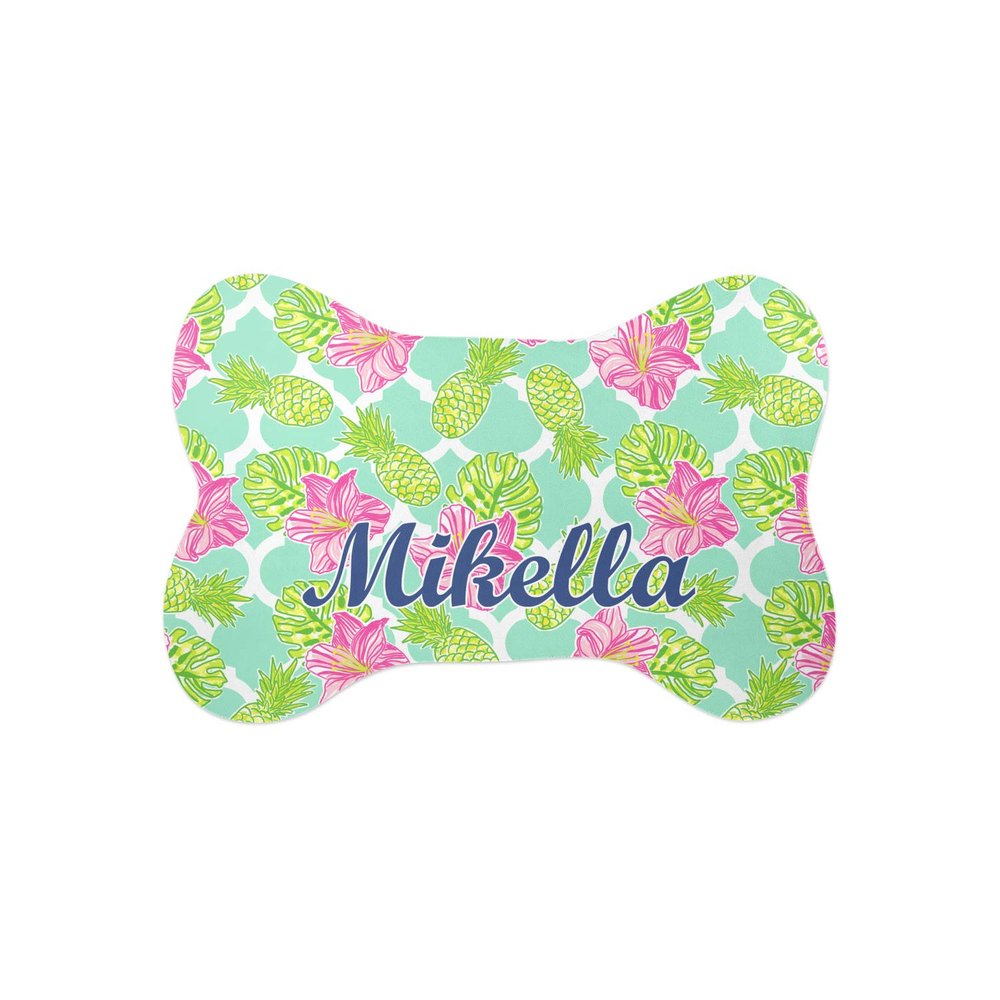RNK Shops Personalized Preppy Hibiscus Bone Shaped Dog Food Mat (Small)