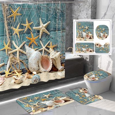 Amagical 4PCS Blue Seashells Starfish Nautical Shower Curtain Set Bathroom Mats Set,Sea Ocean Non-Slip Pedestal Rug Carpet Toilet Cover Shower Curtain