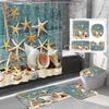 Amagical 4PCS Blue Seashells Starfish Nautical Shower Curtain Set Bathroom Mats Set,Sea Ocean Non-Slip Pedestal Rug Carpet Toilet Cover Shower Curtain view 1