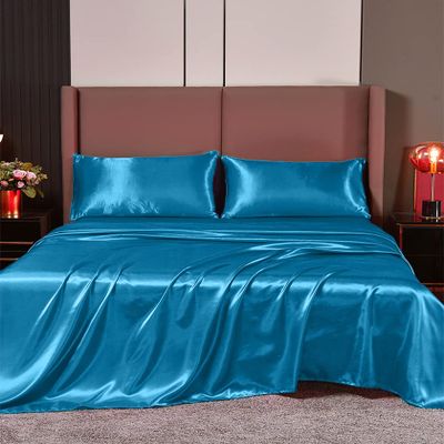 Cloud Fino 4 Pc Silk Satin Sheets Set | Silk Satin Fitted Sheet, Flat Sheet, Pillowcase | Hotel Quality Silky Soft Luxurious! Full, Turquoise Blue