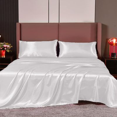 Cloud Fino 4 Pc Silk Sheets Set | Luxurious Silk Satin Fitted & Flat Sheets | Silk Pillowcase | Hotel Quality, Full XL, White