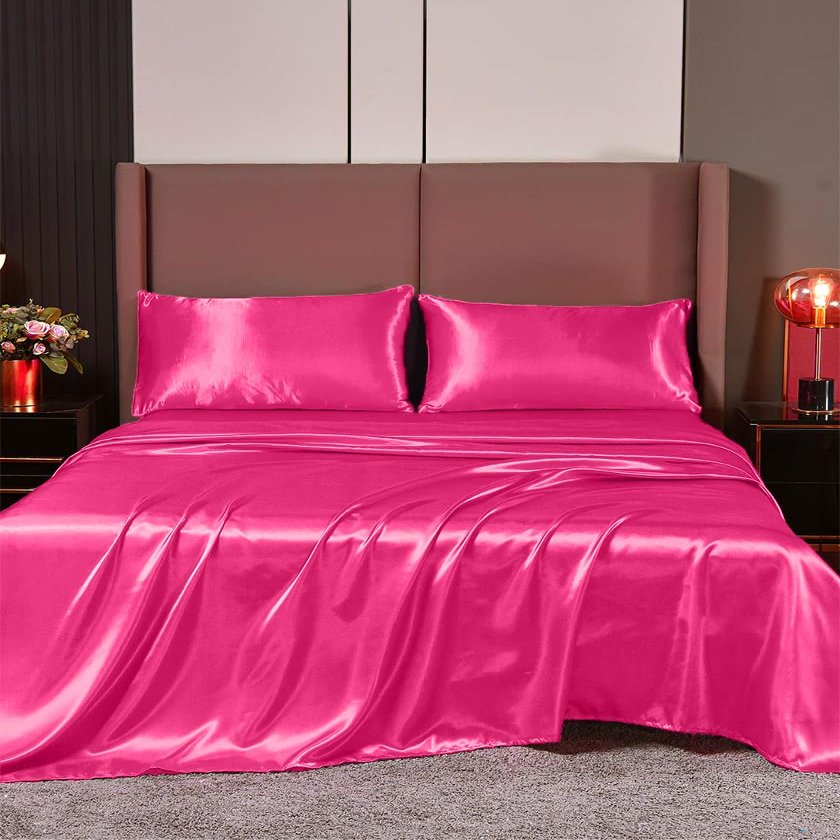 Cloud Fino 4 Pc Silk Satin Sheets Set | Luxurious Silk Satin Fitted & Flat Sheets | Silk Pillowcase | Hotel Quality, Full XL, Hot Pink