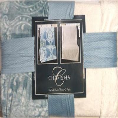 2 Pack Reversible Throws 60" X 70" Charisma Velvet White Embossed Blue Design