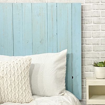 Barn Walls Baby Blue Headboard, Cottage Design Weathered, Solid Wood Headboard Floating Panels Wall Mount, Adjustable Height Easy Assembly, Queen Size
