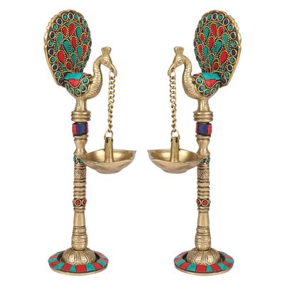 ARTVARKO Brass Pair of Bird Peacock Hanging Chain Diya Oil Lamp Stand, 9 Inches