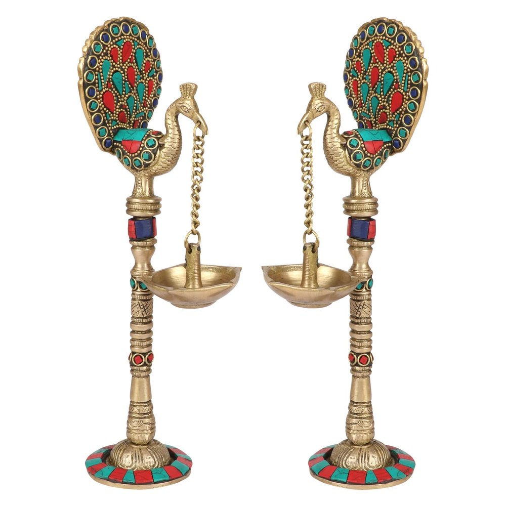 ARTVARKO Brass Pair of Bird Peacock Hanging Chain Diya Oil Lamp Stand, 9 Inches