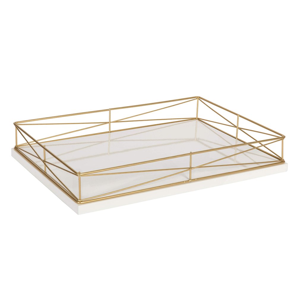 Kate and Laurel Mendel Rectangle Tray with Decorative Metal Rim, 16.5 x 12, White and Gold