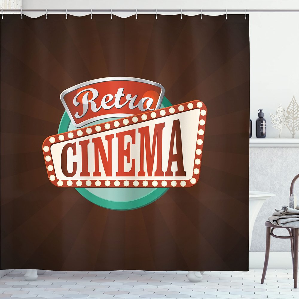 Ambesonne Movie Theater Shower Curtain, Retro Style Cinema Sign Design Film Festival Hollywood Theme, Cloth Fabric Bathroom Decor Set with Hooks, 69" W x 75" L, Vermilion Turquoise