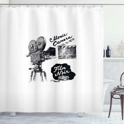 Ambesonne Movie Theater Shower Curtain, Antique Movie Camera Hand Drawn Style Art Film Noir Genre Themed Print, Cloth Fabric Bathroom Decor Set with Hooks, 69" W x 84" L, Black and White