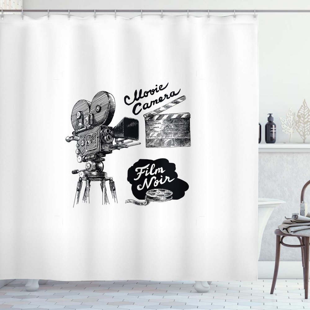 Ambesonne Movie Theater Shower Curtain, Antique Movie Camera Hand Drawn Style Art Film Noir Genre Themed Print, Cloth Fabric Bathroom Decor Set with Hooks, 69" W x 84" L, Black and White